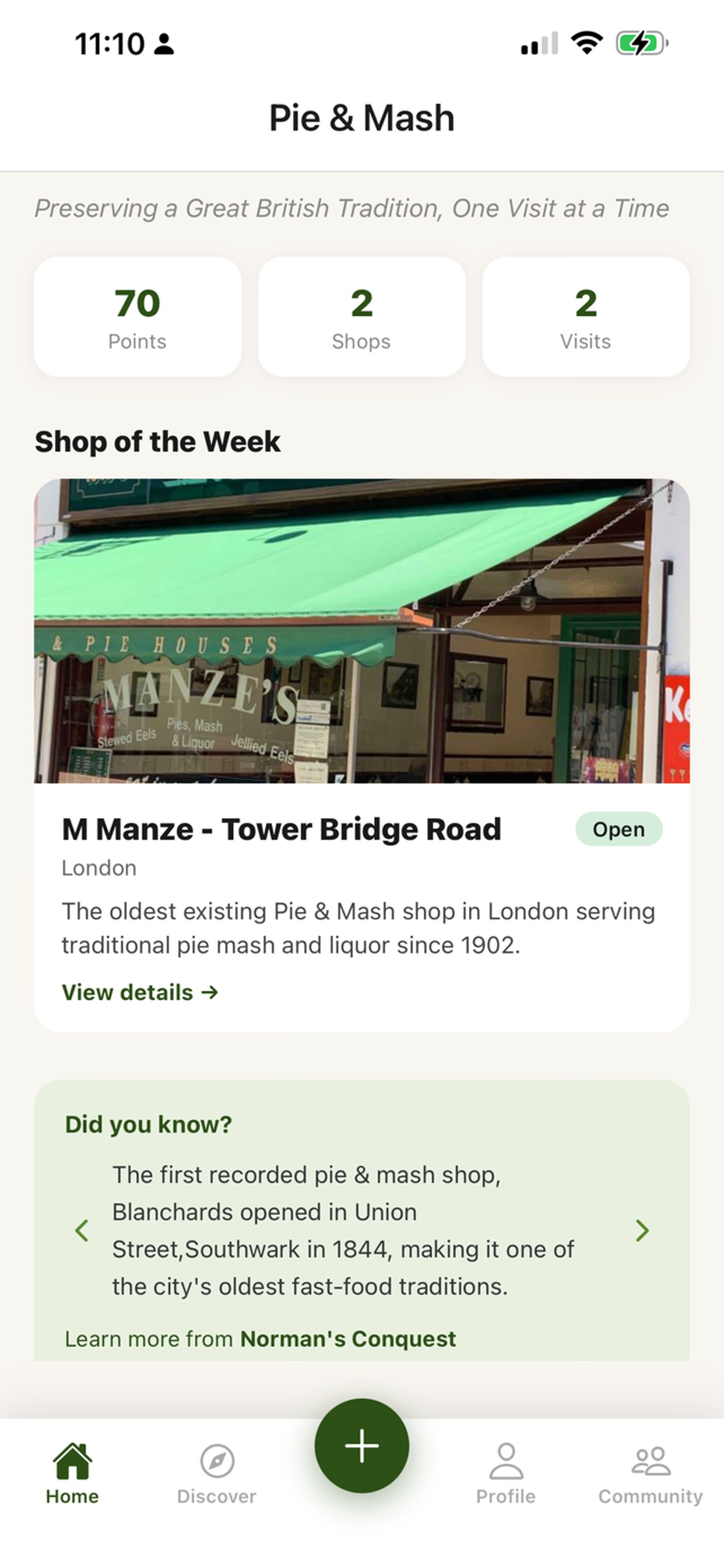 Home screen showing stats and Shop of the Week