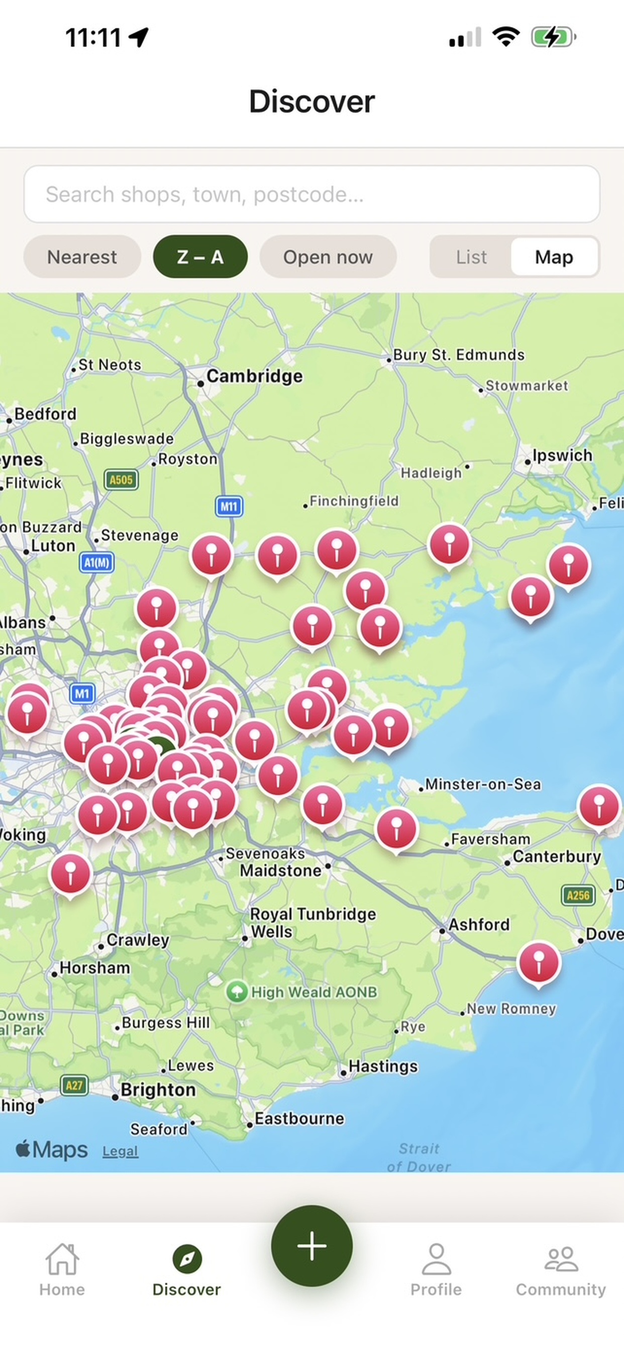 Discover screen with map of pie and mash shops