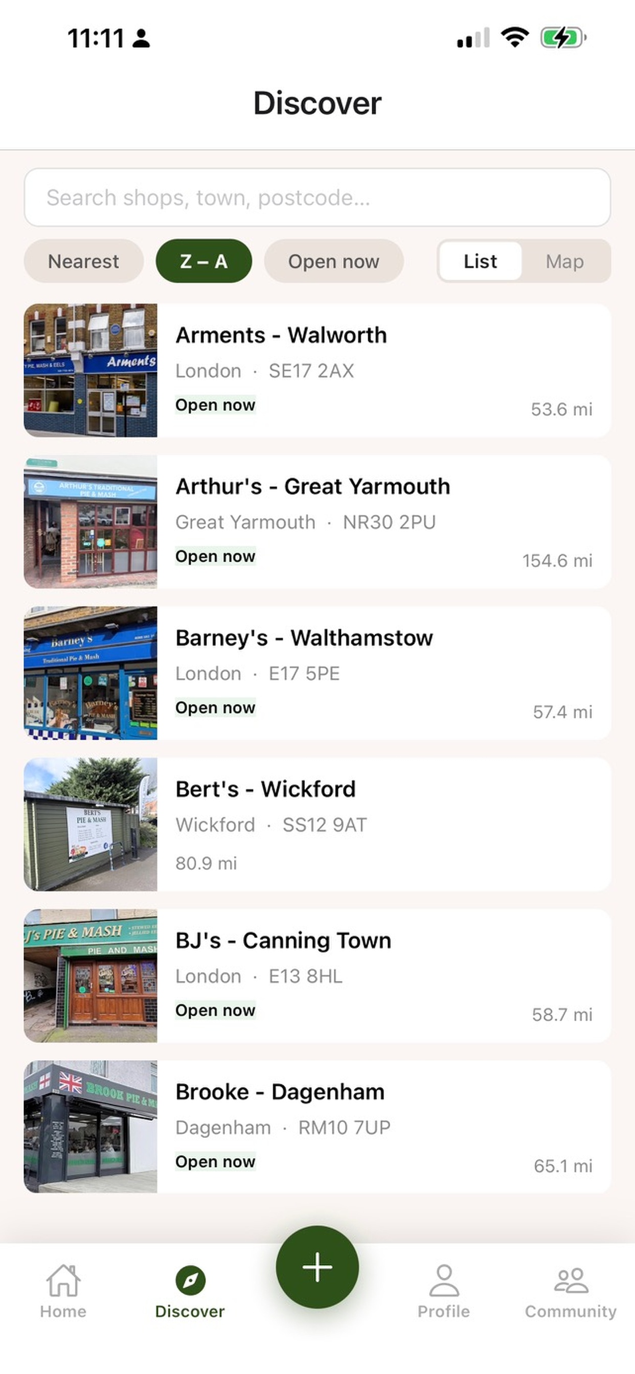 Shop list with distances and details